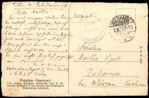 Potsdam Sanssouci Schloss  1917   1. Weltkrieg Feldpost    Stempel WILDPARK