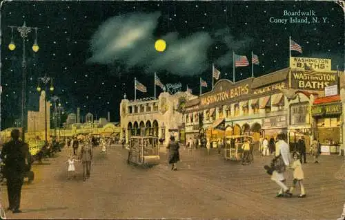 Postcard Brooklyn Coney Island Mondschein Boardwalk 1928