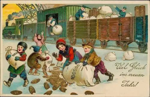 Neujahr Sylvester New Year Eisenbahn Kinder Geldsäcke 1910 Goldrand