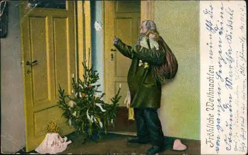 Weihnachten Christmas Weihnachtsmann Santa Claus vor der Tür 1907