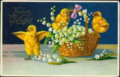 Ostern / Eastern Küken vor Korb mit Märzenbecher 1908 Goldrand