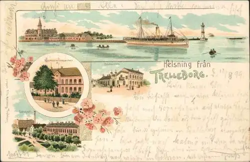 Postcard Litho AK Trelleborg Hafen, Dampfer, Gatuparty, Buchhandel 1899