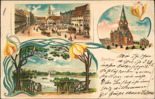 Ansichtskarte Litho AK Zwickau Markt, Teich, Garnisionskirche 1906