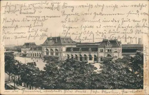 Ansichtskarte Düsseldorf Wilhelmsplatz Hauptbahnhof 1914  gel. Feldpost