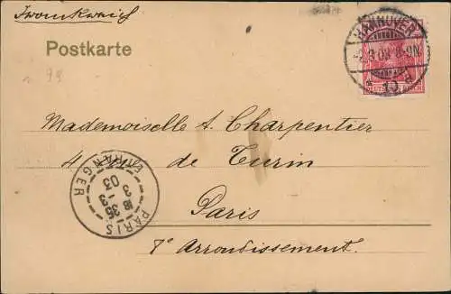 Ansichtskarte Herrenhausen-Hannover Flusswasserkunst 1903  Ankunftsstempel Paris