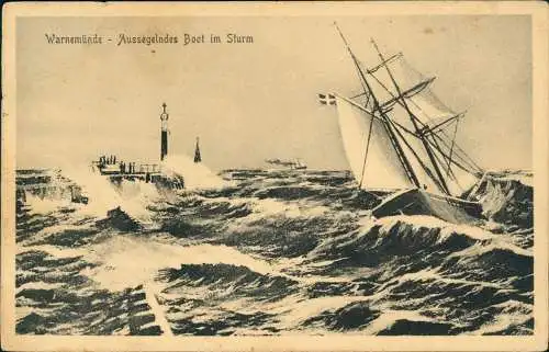 Ansichtskarte Warnemünde-Rostock Aussegelndes Boot im Sturm - Mole 1912