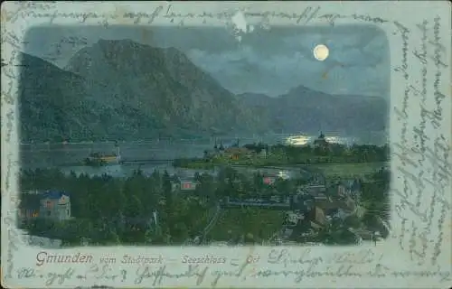 Gmunden (Salzkammergut) Stadtpark Seeschloß colorierte Mondscheinlitho 1902
