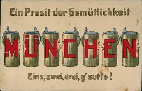 München Künstlerkarte große Buchstaben Bierseidel 1912 Prägekarte