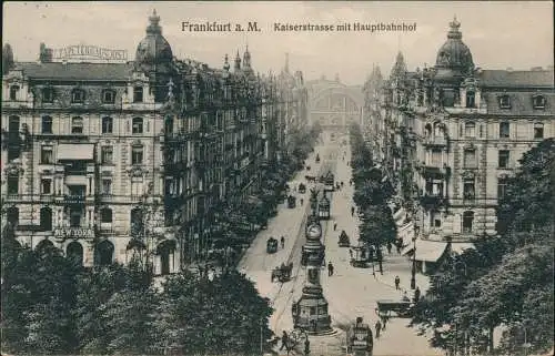 Ansichtskarte Frankfurt am Main Kaiserstrasse mit Hauptbahnhof - Uhr 1913