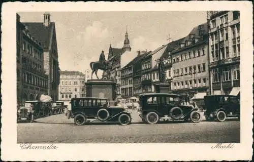 Ansichtskarte Chemnitz Markt, Denkmal Autos 1929