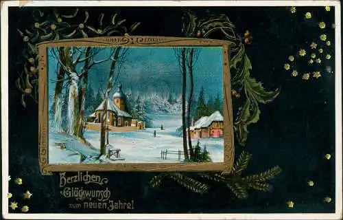 Neujahr Sylvester New Year Winterlandschaft Kirche 1911 Goldrand