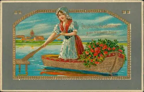 Glückwunsch Geburtstag Birthday Mädchen mit Kahn voller Rosen 1910 Goldrand