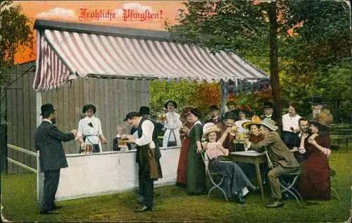 Ansichtskarte  Fröhliche Pfingsten! Feiernde am Getränkestand 1913