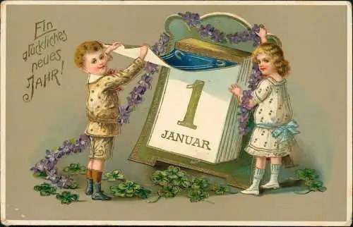 Neujahr Sylvester New Year Junge Mädchen 1. Januar Kleeblatt 1914  
Prägekarte