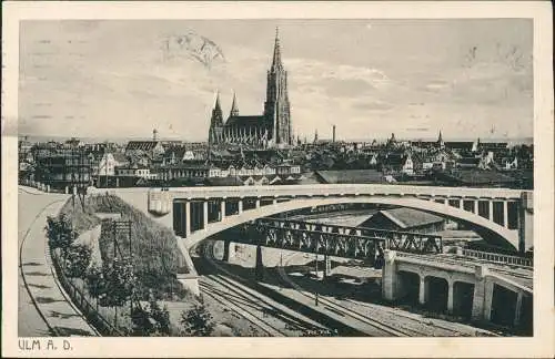 Ansichtskarte Ulm a. d. Donau Eisenbahnbrücke, Stadtblick 1915