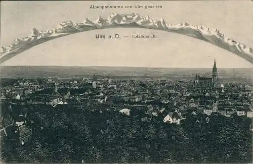 Ansichtskarte Ulm a. d. Donau Kunstkarte Stadt und Alpenpanorama 1917