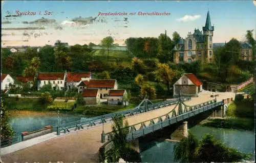 Ansichtskarte Zwickau Paradiesbrücke  Ebertschlösschen 1918 gel Feldpoststempel