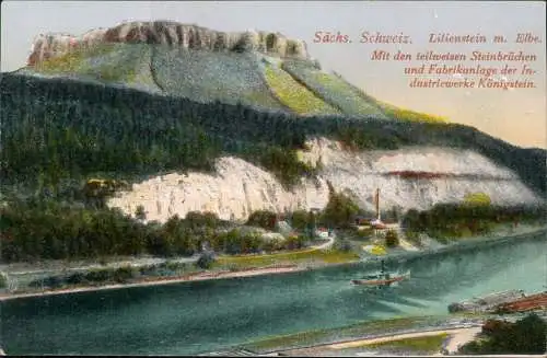 Porschdorf-Bad Schandau Lilienstein & Elbe Panorama mit Schiff 1910