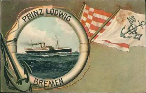 Schiffe Dampfer Steamer PRINZ LUDWIG Heraldik 1912  gel. Deutsche Seepost