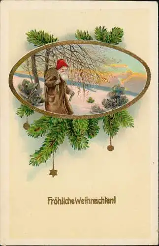 Weihnachten - Christmas Weihnachtsmann Tannenzweige 1911 Goldrand