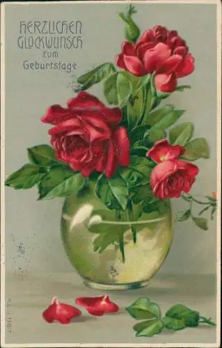 Glückwunsch Geburtstag Birthday Vase mit Rosen 1910 Prägekarte