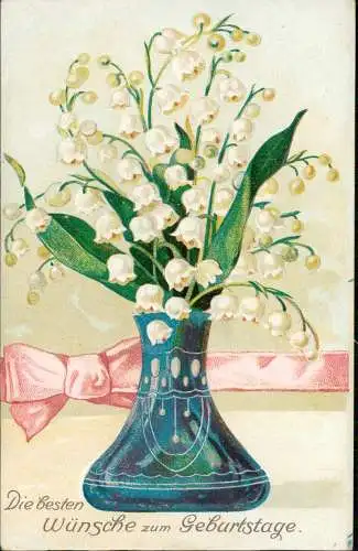 Glückwunsch Geburtstag Birthday blaue Vase mit Blumen 1908 Prägekarte