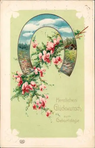 Ansichtskarte  Glückwunsch Geburtstag Hufeisen - mit Landschaft 1911