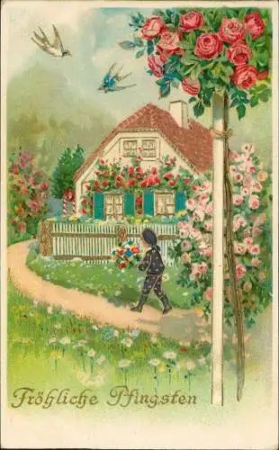 Ansichtskarte  Junge Haus Rosenstock Glückwunsch: Pfingsten 1917 Goldrand