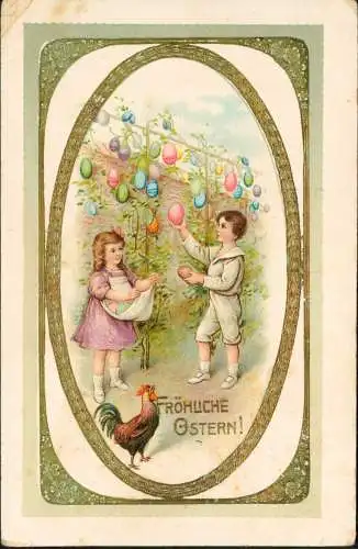 Ostern Eastern Junge und Mädchen pflücken Ostereier Hahn 1913 Gold Prägekarte