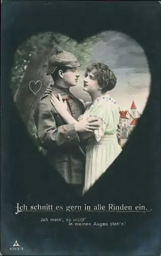 Ansichtskarte  Liebe Liebespaare - Love Soldat und Frau im Herz 1913