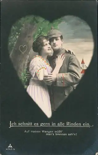 Liebe Liebespaare - Love Soldat und Frau im Herz Ich schnitt.. 1915