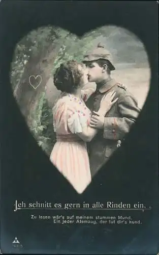 Ansichtskarte  Liebe Liebespaare - Love Soldat und Frau küssend Herz 1915