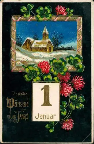 Neujahr Sylvester New Year Landschaft Kleeblätter 1910 Goldrand