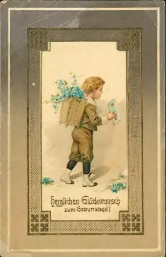 Glückwunsch Geburtstag Birthday Junge als Briefträger Kiepe 1914 Goldrand