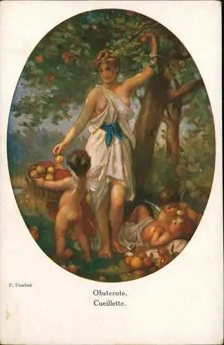 Künstlerkarte: Gemälde Obsternte nackte Frau Engel Erotik Nude 1912