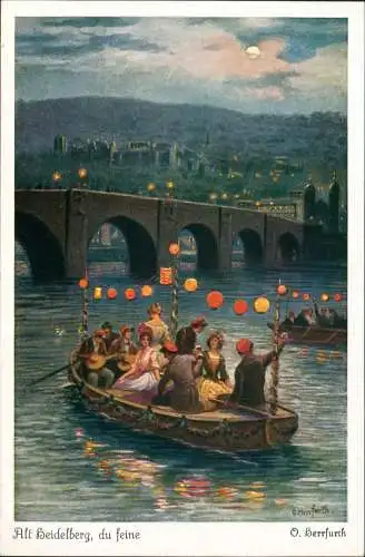 Heidelberg Schloss, Boot Studenten Lampion Künstlerkarte O. Herrfurth 1922