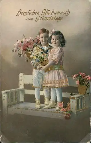 Glückwunsch Geburtstag Birthday Junge und Mädchen Blumen 1915 Goldrand