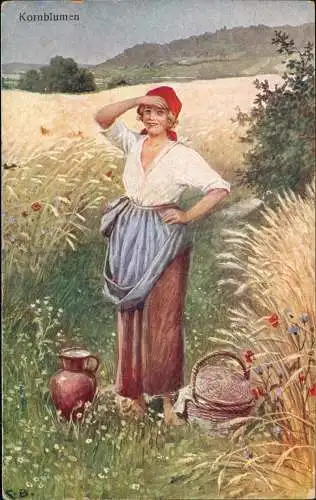 Künstlerkarte Frau Bäuerin Kornblumen Krug Landwirtschaft 1917