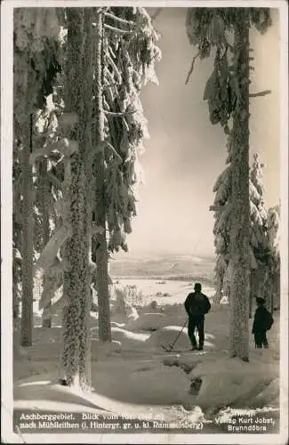 Ansichtskarte Mühlleithen-Klingenthal Aschberggebiet Skiläufer Winter 1942