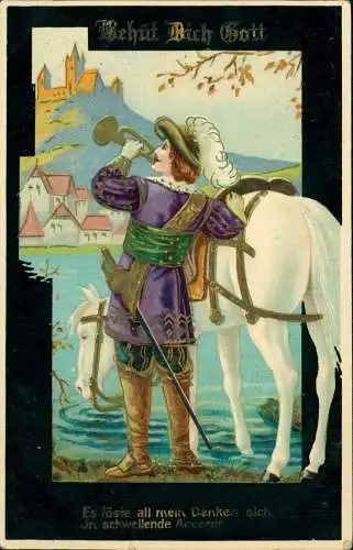 Künstlerkarte Behüt Bich Gott! Pferd und Trompeter 1912 Goldrand