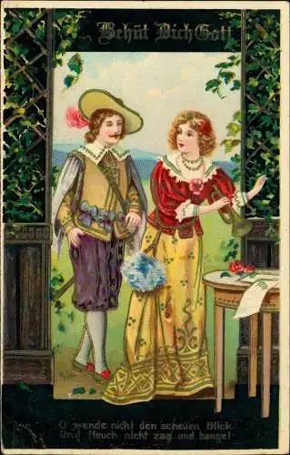 Künstlerkarte Behüt Bich Gott! Mann Frau und Trompete 1912 Goldrand