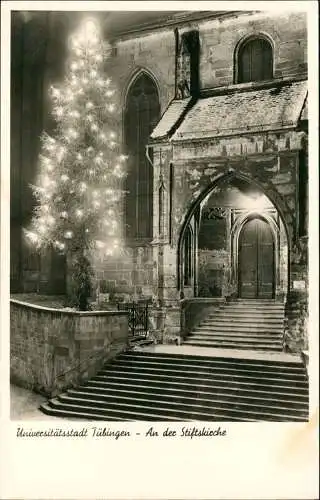 Ansichtskarte Tübingen Stiftskirche Weihnachtsbaum am Portal Nacht 1953