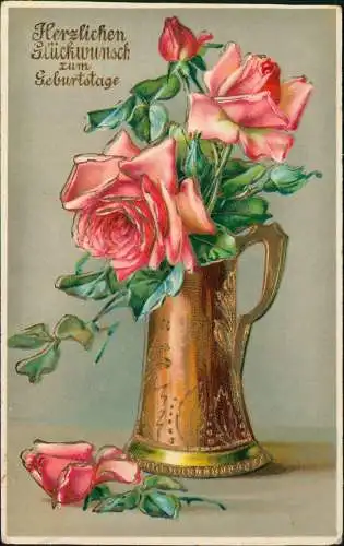 Ansichtskarte  Glückwunsch Geburtstag Birthday Goldkanne Rosen 1915 Goldrand