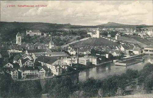 Ansichtskarte Schaffhausen Stadt, Flußbadeanstalt, Fabriken 1912