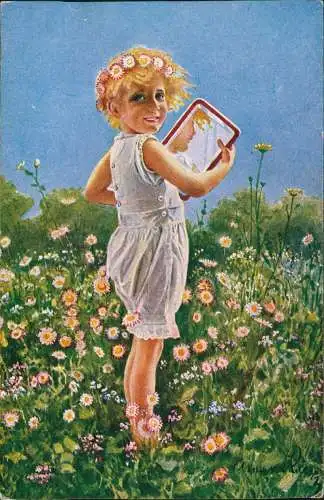Kinder Künstlerkarte Mädchen auf Blumenwiese Künstlerkarte Maßliebchen 1918