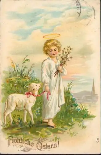 Ansichtskarte  Glückwunsch Ostern Eastern Kind mit Lamm 1908 Prägekarte