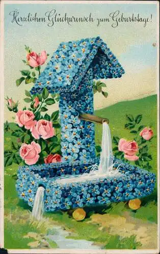 Glückwunsch Geburtstag Birthday Rosen Brunnen aus Veilchen 1914 Prägekarte