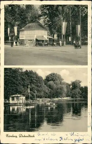 Ansichtskarte Nürnberg 2 Bild Dutzendteich Bootsstation Eingang Kiosk 1953