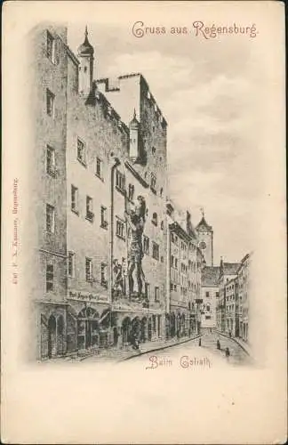Ansichtskarte Regensburg Beim Goliath - Straßenszene 1908