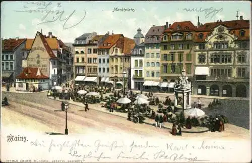 Ansichtskarte Mainz Marktplatz - Markttreiben 1902
